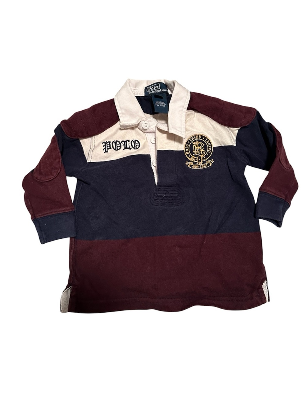 Ralph Lauren Boys Burgundy,Navy, and Cream Rugby Polo- Size 12M